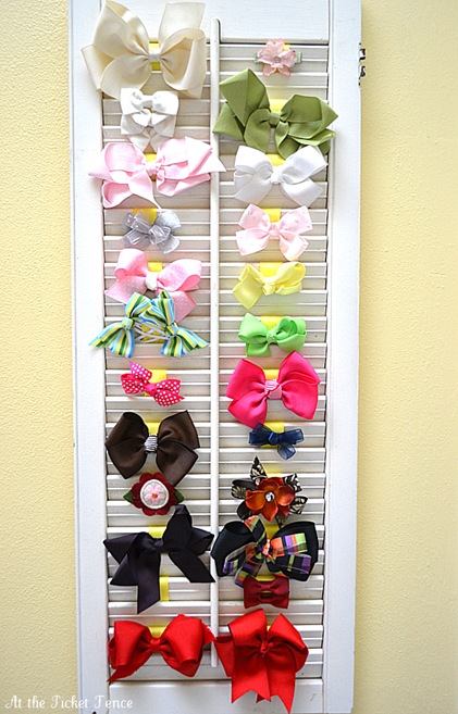 hair bow organizer made from an old shutter - The Shabby Creek Cottage